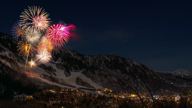 Fireworks sparkle above a ski resort
